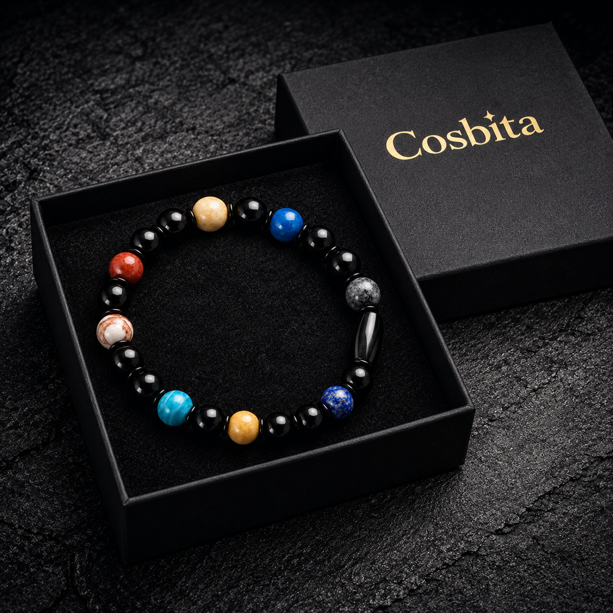 Cosbita Solar System Bracelet in a premium black gift box