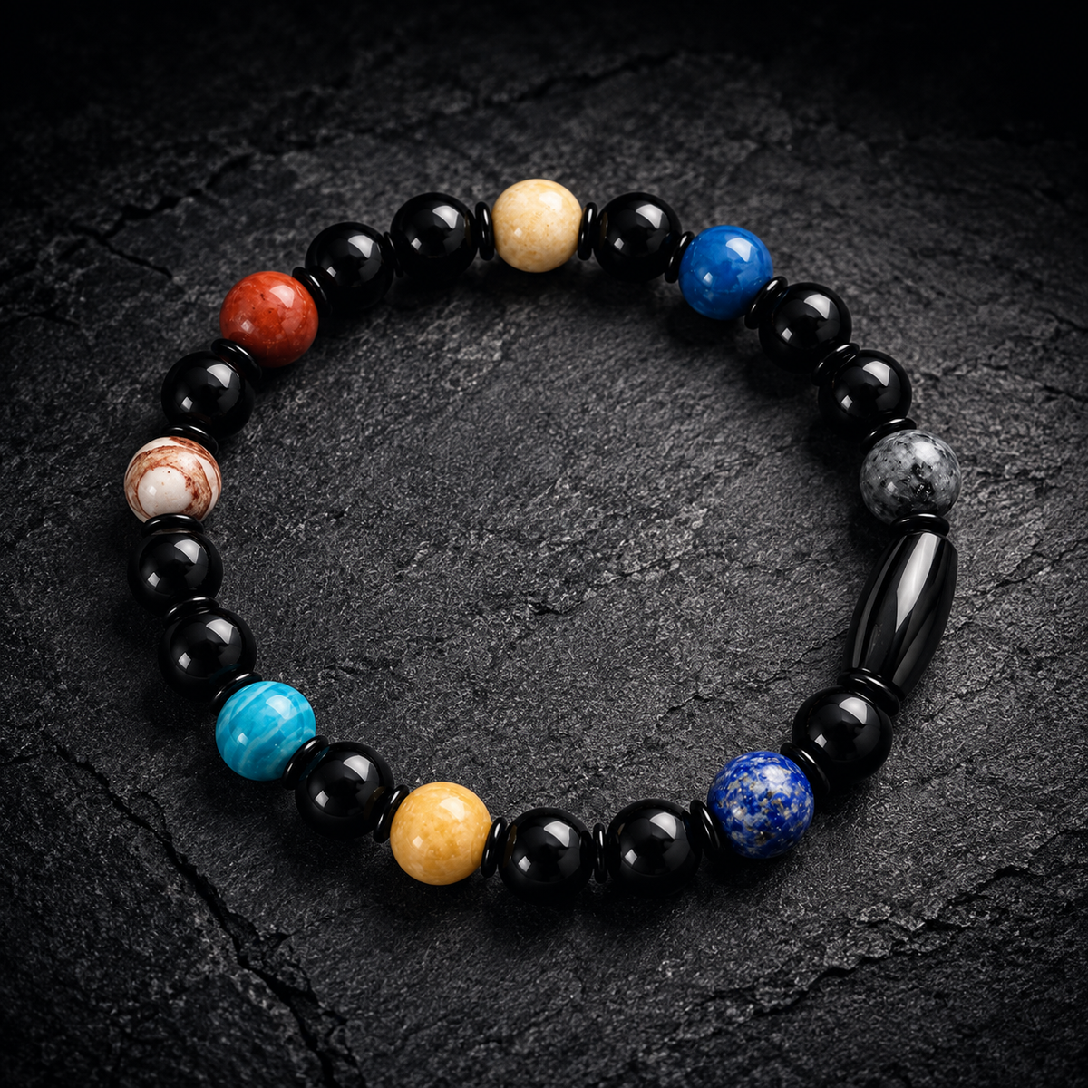 Cosbita Solar System Bracelet with black beads and colorful gemstones