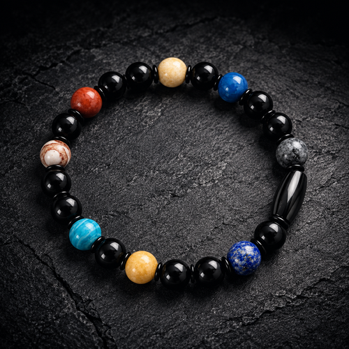 Cosbita Solar System Bracelet with black beads and colorful gemstones